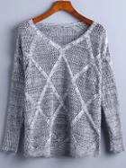 Romwe Grey V Neck Diamondback Ribbed Sweater