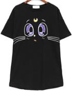 Romwe Cat Print Loose Black T-shirt