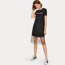 Romwe Slogan Print Contrast Mesh T-shirt Dress