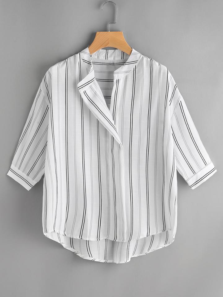 Romwe Vertical Striped Dip Hem Blouse