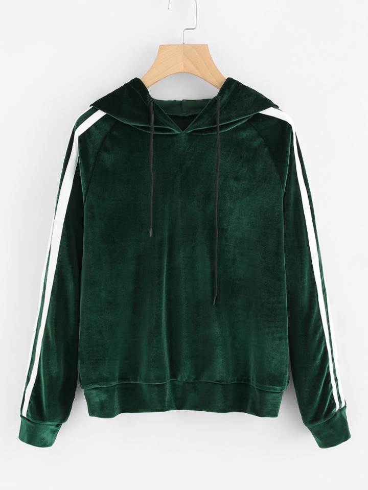 Romwe Striped Side Velvet Hooded Sweatshirt