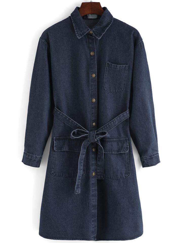 Romwe Lapel Pockets Buttons Denim Shirt Dress