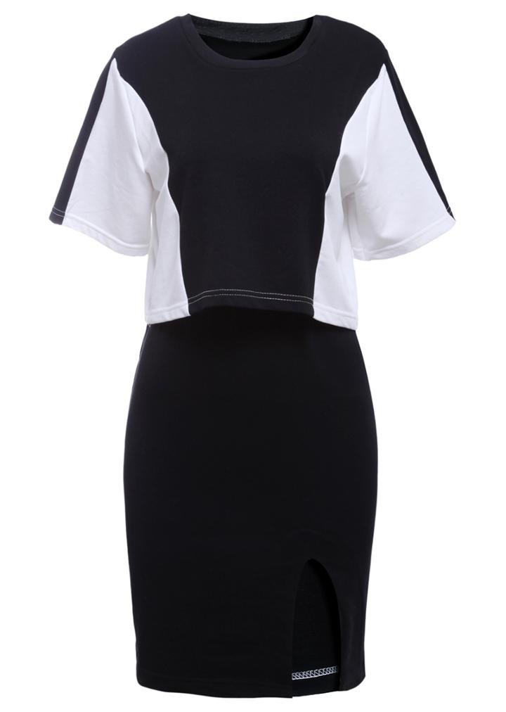 Romwe Color-block Top With Split Bodycon Skirt