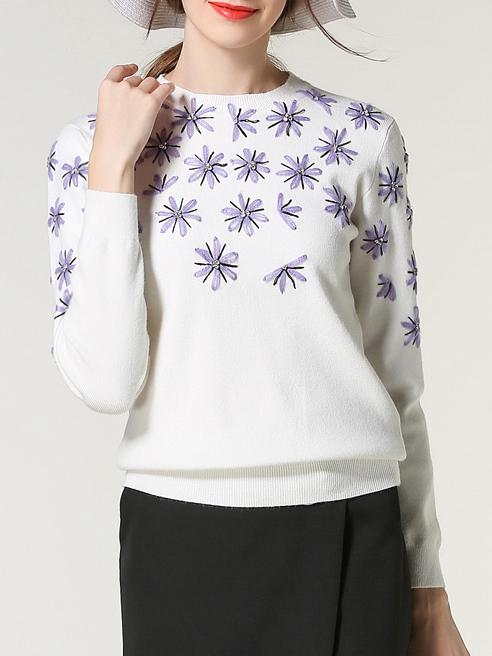 Romwe White Crew Neck Knit Beading Sweatshirt