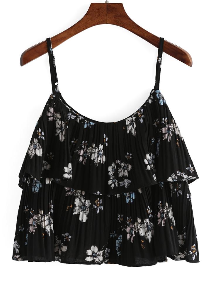 Romwe Layered Pleated Flower Print Chiffon Cami Top