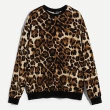 Romwe Men Leopard Print Contrast Hem Sweatshirt