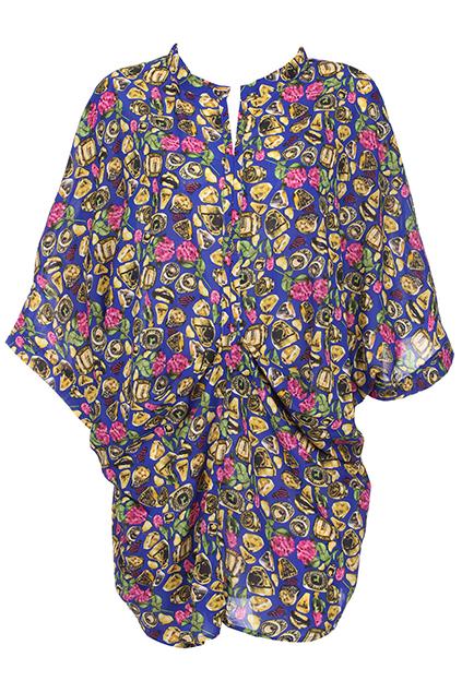 Romwe Ring & Flower Print Batwing Blue Dress