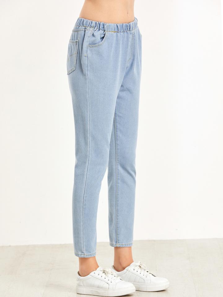 Romwe Pale Blue Elastic Waist Jeans