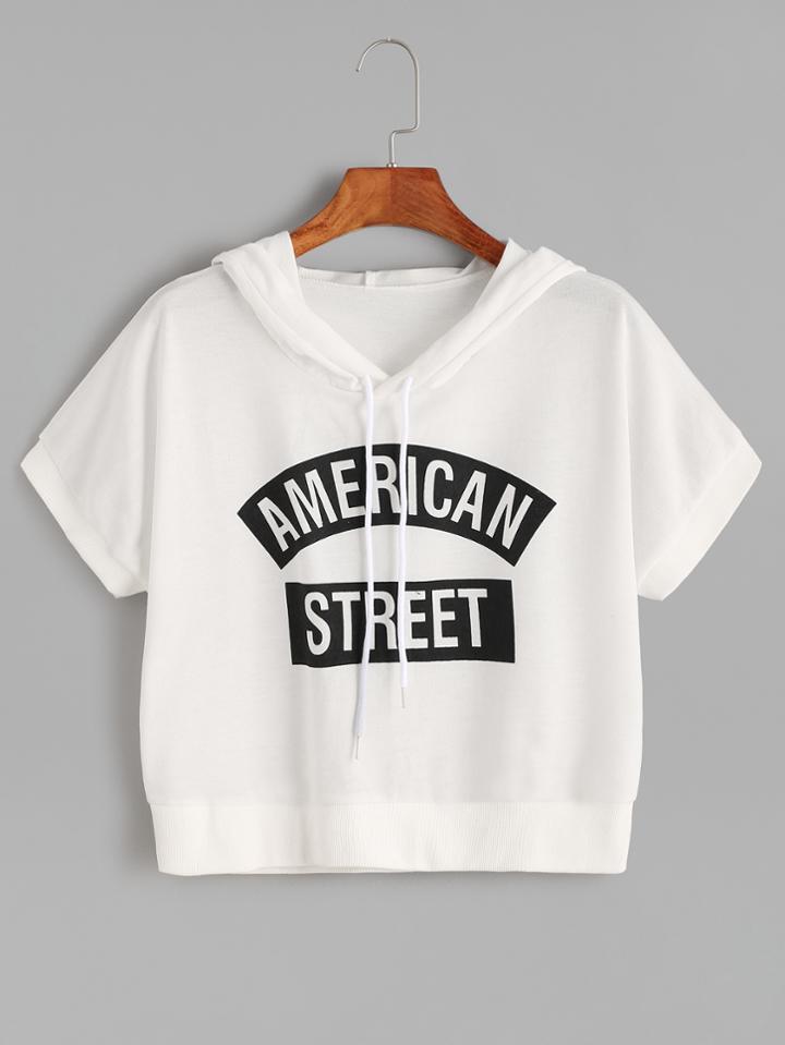 Romwe White Hooded Letter Print Crop T-shirt