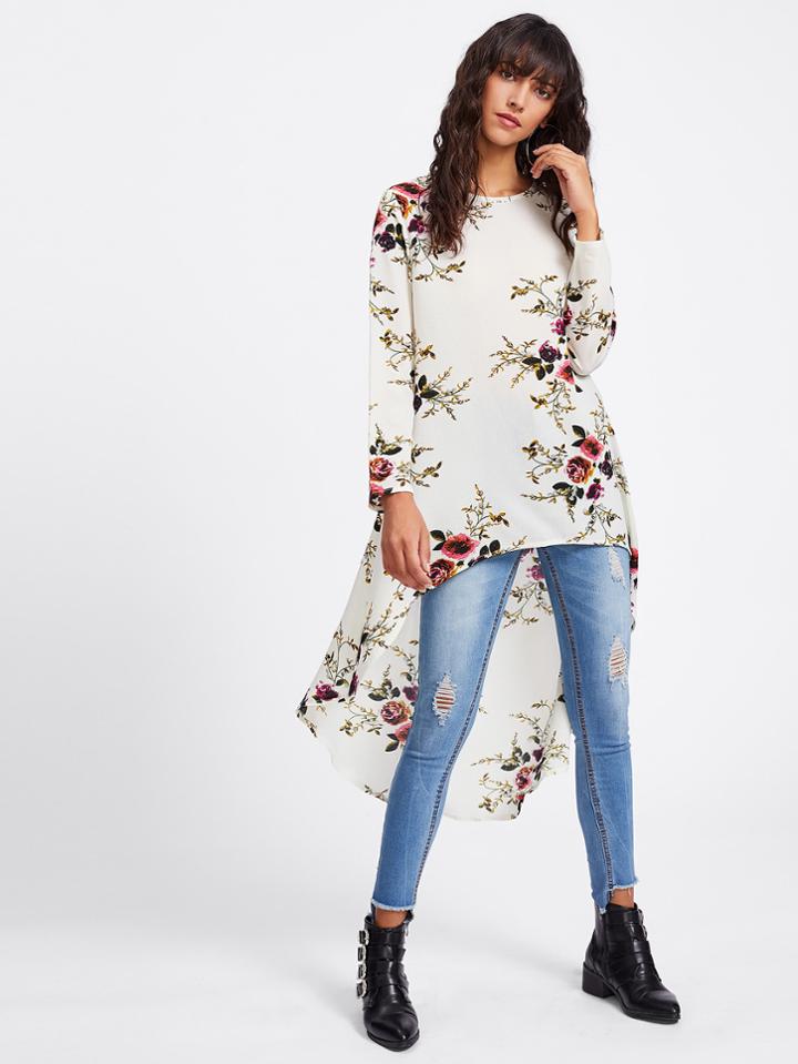Romwe Botanical Print High Low Blouse