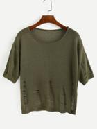 Romwe Army Green Short Sleeve Ripped Sweater