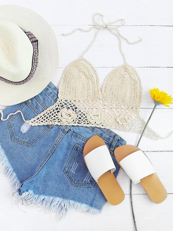 Romwe Crochet Lace-up Halter Top