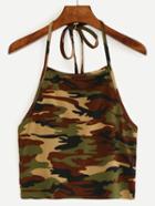 Romwe Halter Neck Camouflage Crop Cami Top - Olive Green