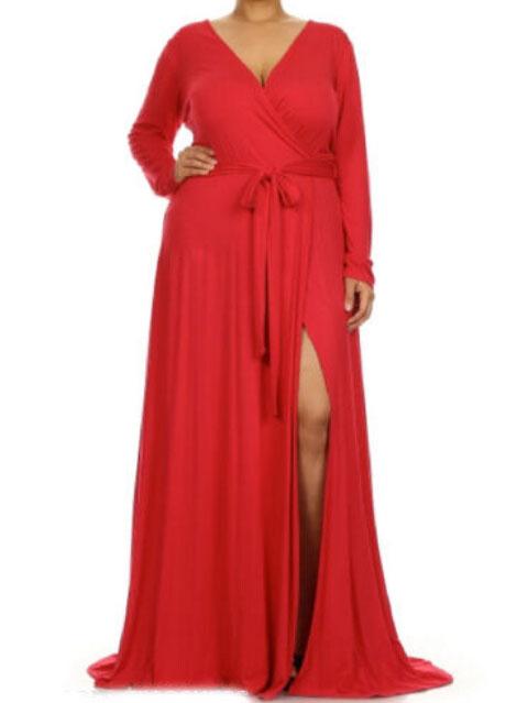 Romwe V Neck Slit Belt Maxi Red Dress