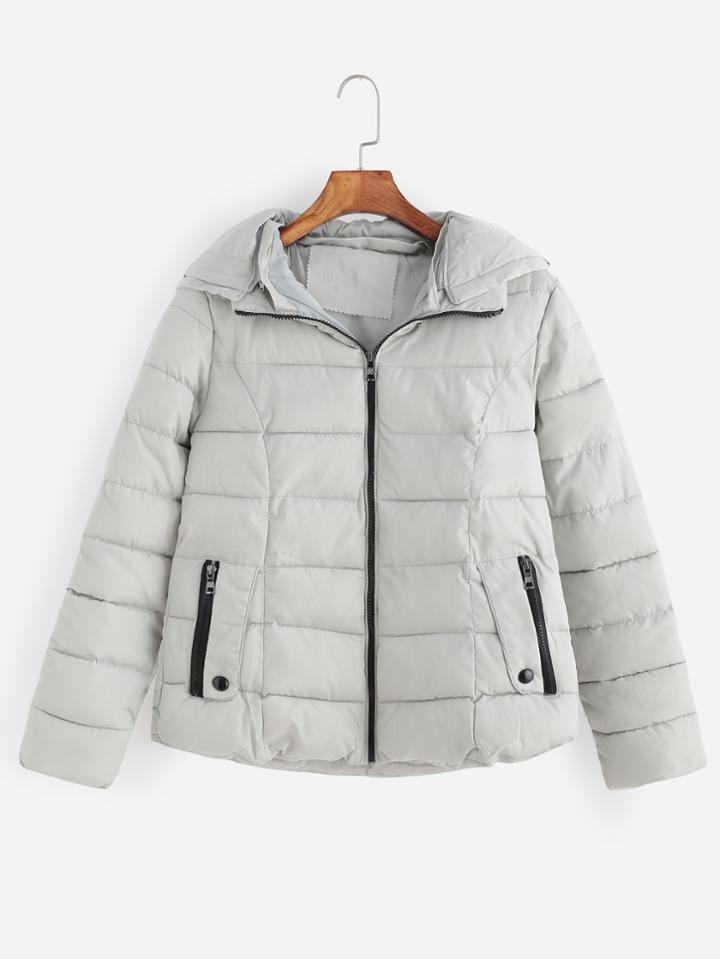 Romwe Grey Zip Detail Hooded Padded Coat