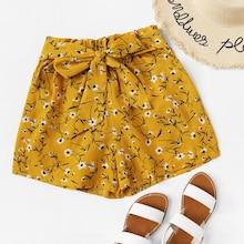 Romwe Floral Self Tie Waist Shorts