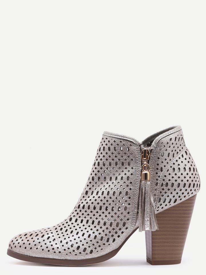 Romwe Silver Faux Suede Laser Cut Wood Heel Boots