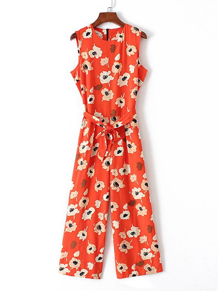 Romwe Flower Print Tie Waist Jumpsuit