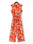 Romwe Flower Print Tie Waist Jumpsuit