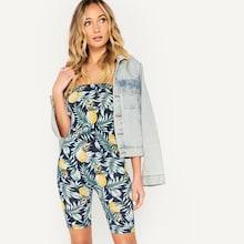 Romwe Pineapple & Tropical Print Fitted Tube Jumpsuit