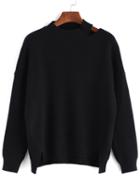 Romwe High Low Slit Hollow Black Sweater
