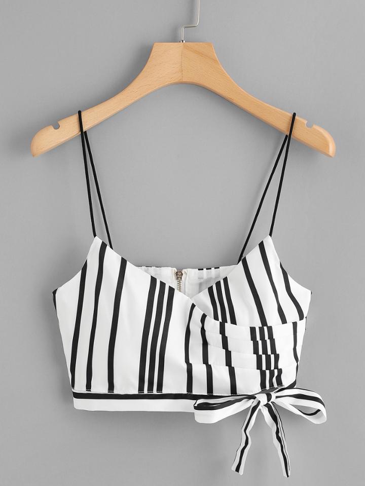 Romwe Knot Side Zipper Back Striped Cami Top