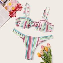 Romwe Striped Knot Top With High Leg Bikini Set