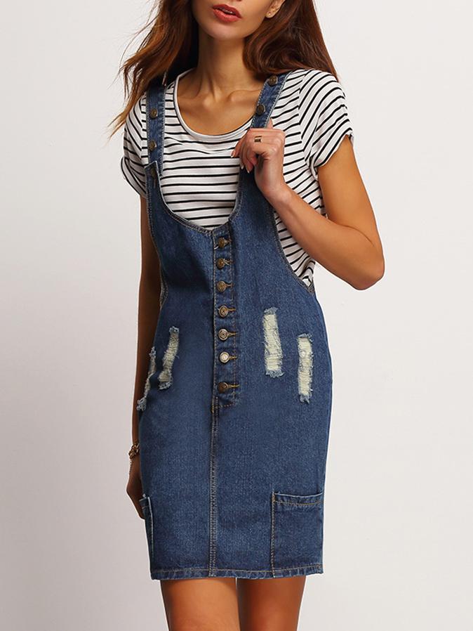 Romwe Straps Ripped Single Breasted Denim Pinafore Dress