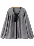 Romwe Grey Lantern Sleeve Tassel Tie-neck Cotton Hemp Blouse