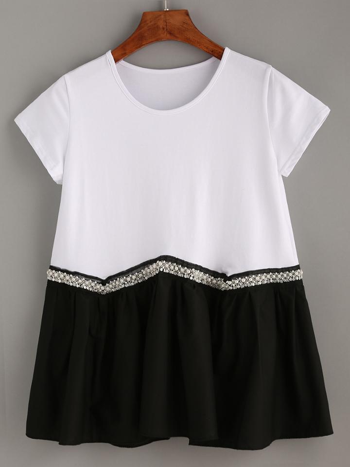 Romwe Rhinestone Beaded Color Block T-shirt