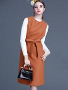 Romwe Khaki Long Sleeve Knit Two Pieces Tie-waist Dress