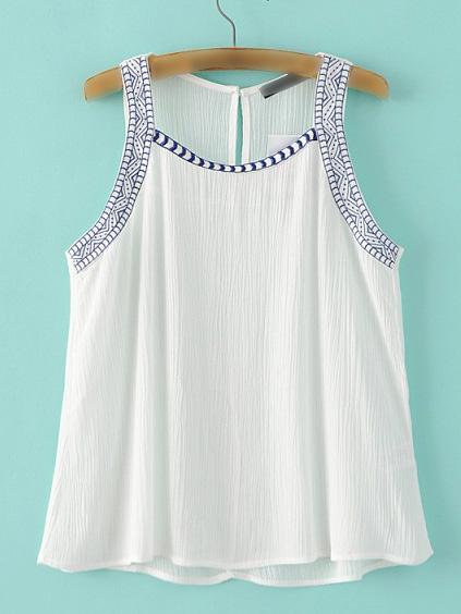 Romwe White Vintage Embroidered Tank Top