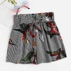 Romwe Stripe And Floral Print Belted Paperbag Shorts