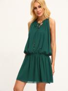 Romwe Green Sleeveless Tie Neck Pleated Dress