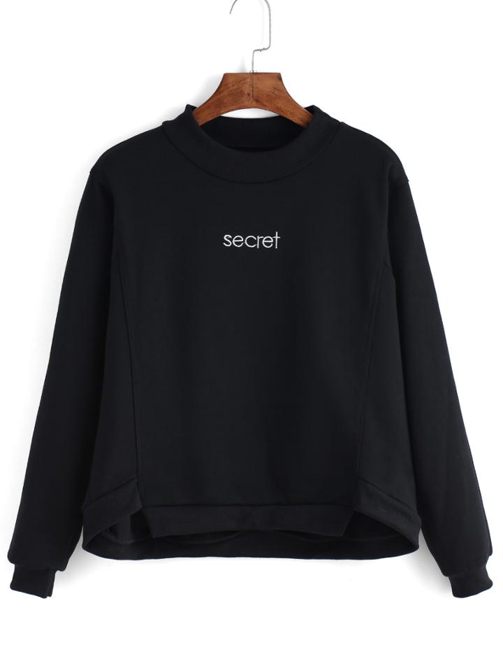 Romwe Black Secret Print Dip Hem Sweatshirt