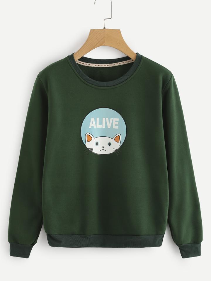 Romwe Cartoon Print Ribbed Trim Pullover