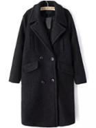 Romwe Lapel Double Breasted Pockets Long Black Coat