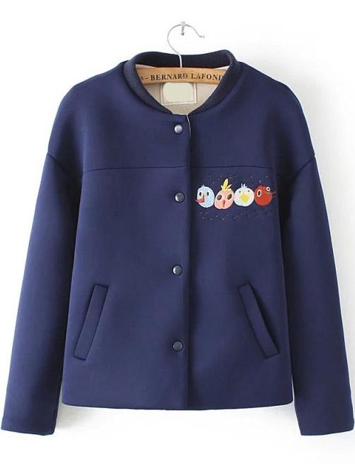 Romwe Cartoon Embroidered Navy Coat