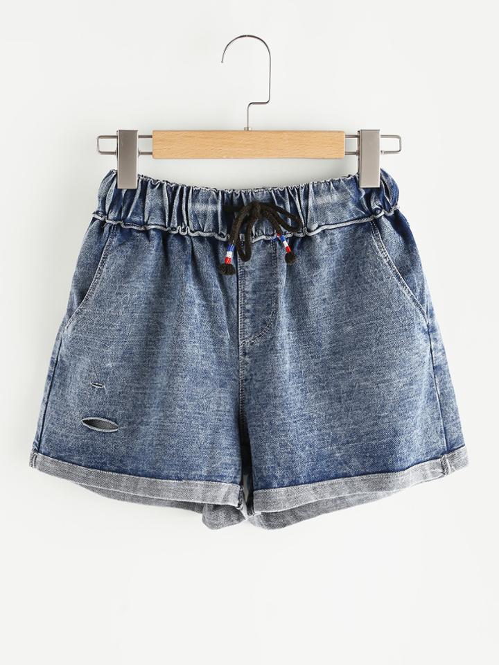 Romwe Drawstring Distress Cuffed Denim Shorts