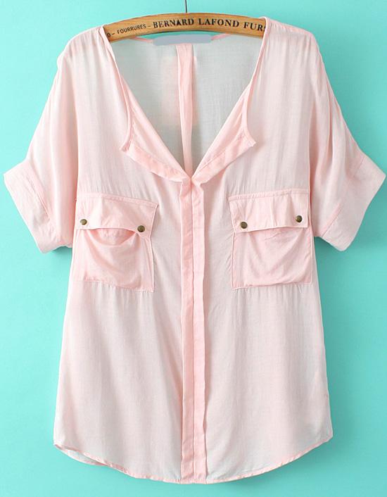 Romwe V Neck Pockets Pink Blouse