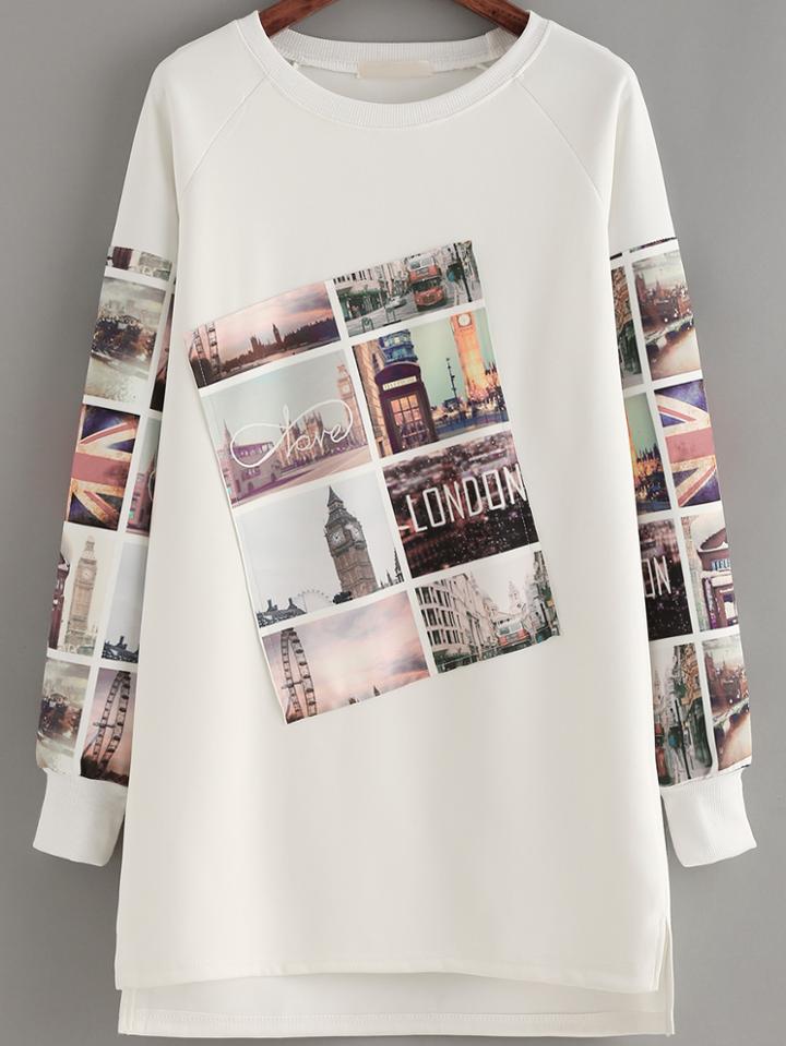 Romwe Dip Hem Printed Split Side Long Sweatshirt