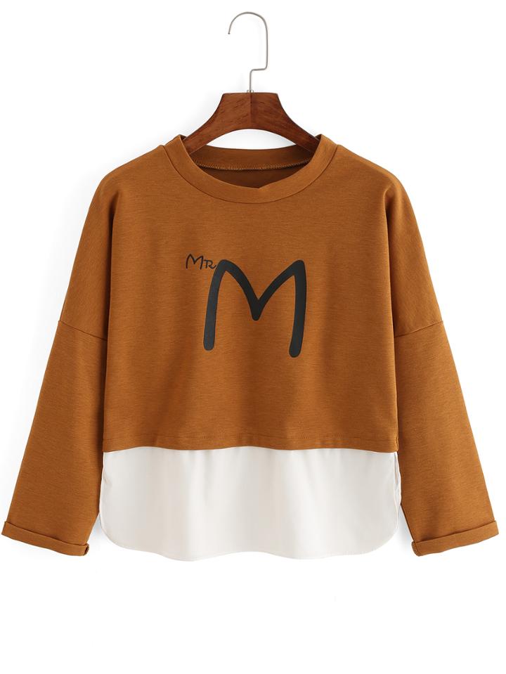 Romwe Dropped Shoulder Seam M Print Contrast Hem T-shirt