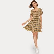 Romwe Plaid Print Shirred Square Neck Dress