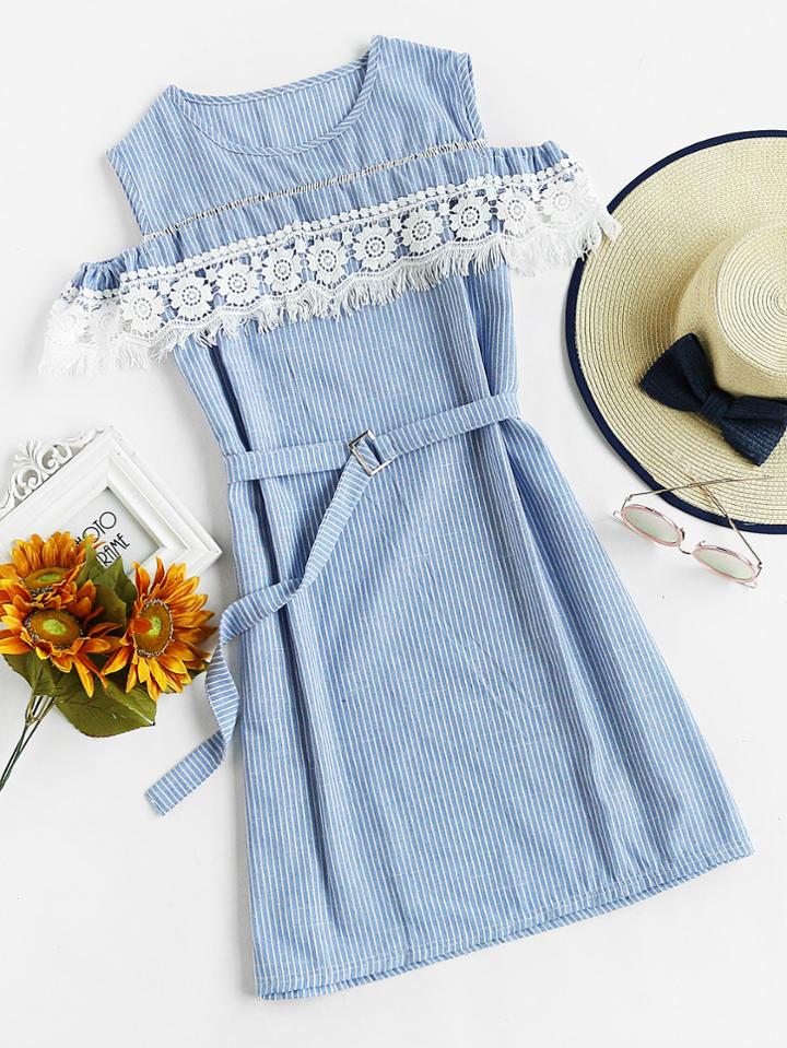 Romwe Open Shoulder Pinstripe Lace Trim Dress With Belt