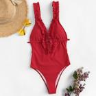 Romwe Frill Trim Drawstring Open Back One Piece Swimwear