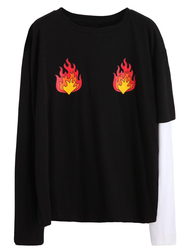 Romwe Black Contrast Fire Print T-shirt