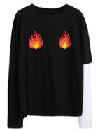 Romwe Black Contrast Fire Print T-shirt