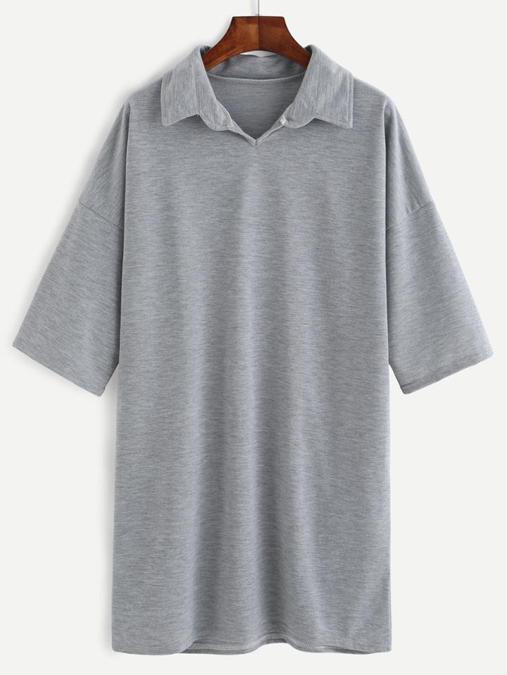 Romwe Heather Grey Pointed Collar Drop Shoulder T-shirt Dress