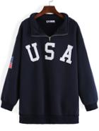 Romwe Lapel Zipper Flag Print Loose Navy Sweatshirt