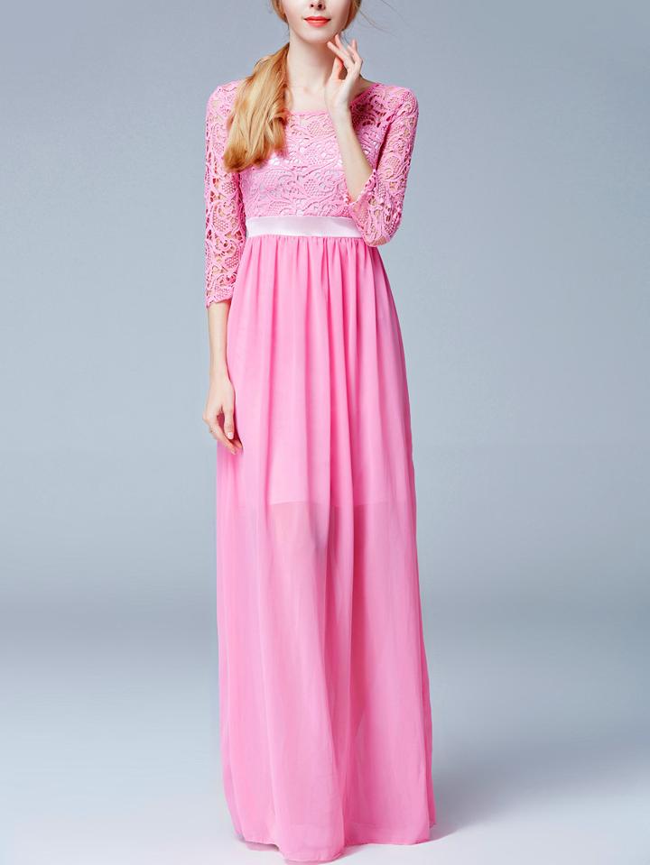 Romwe Pink Round Neck Lace Insert Maxi Dress